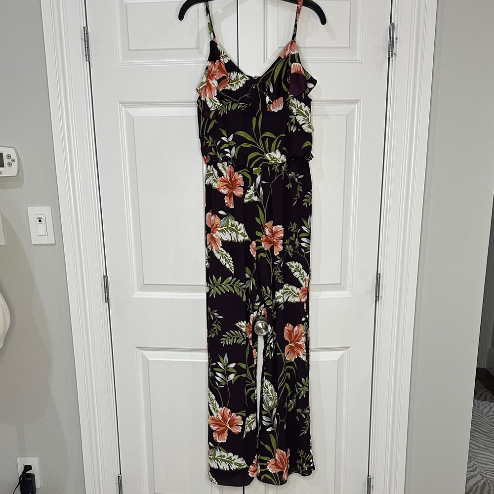 Adrianna Papell Wide Leg Floral Jumpsuit Cold Shoulder Flutter Sleeve Size 10